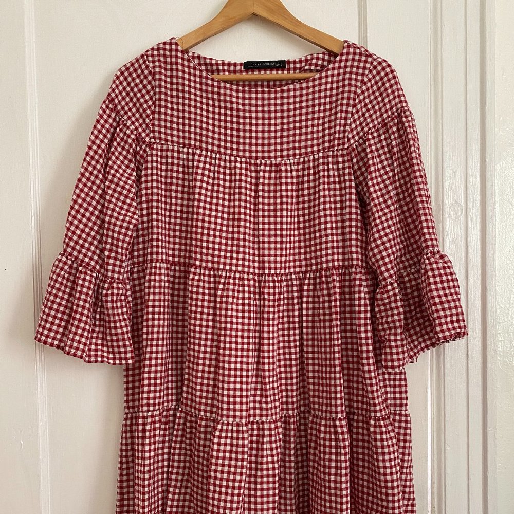 Zara Red White Gingham Tiered Smock Dress, Small - Picture 4 of 6